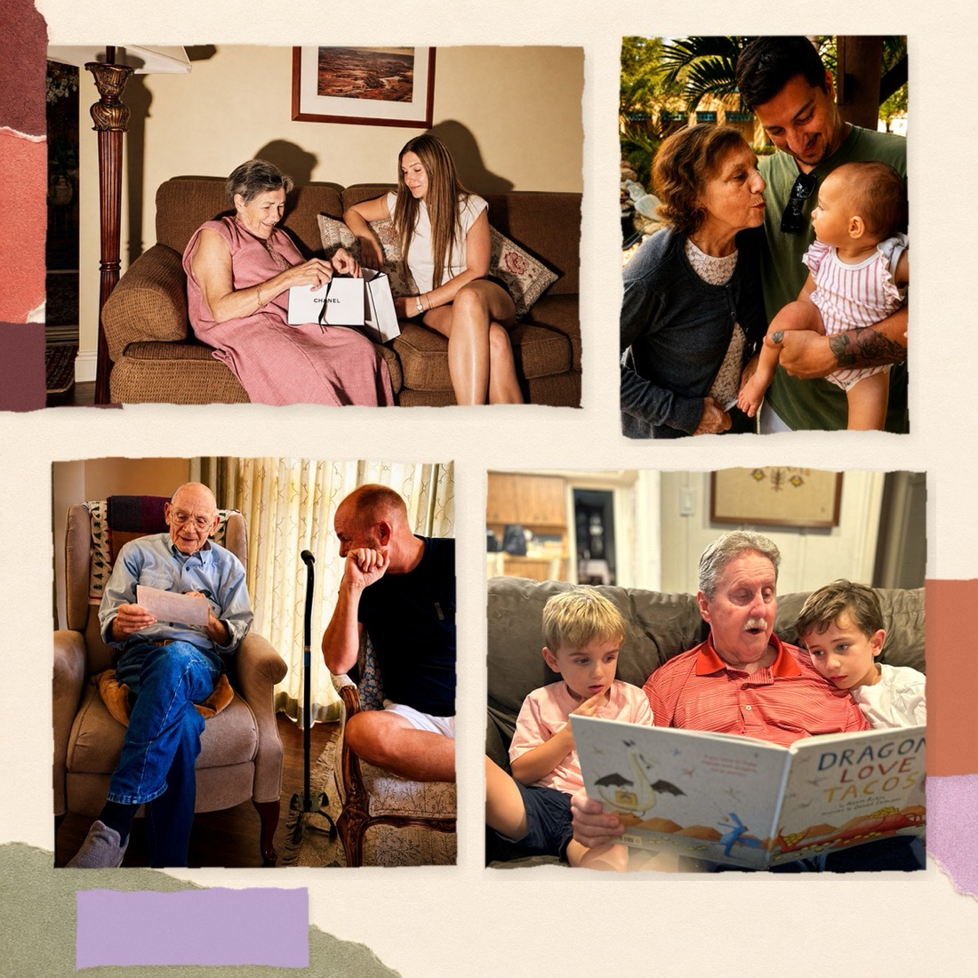Families and friends spending time together: opening a gift, holding a baby, reading a letter aloud, and storytime with grandchildren.