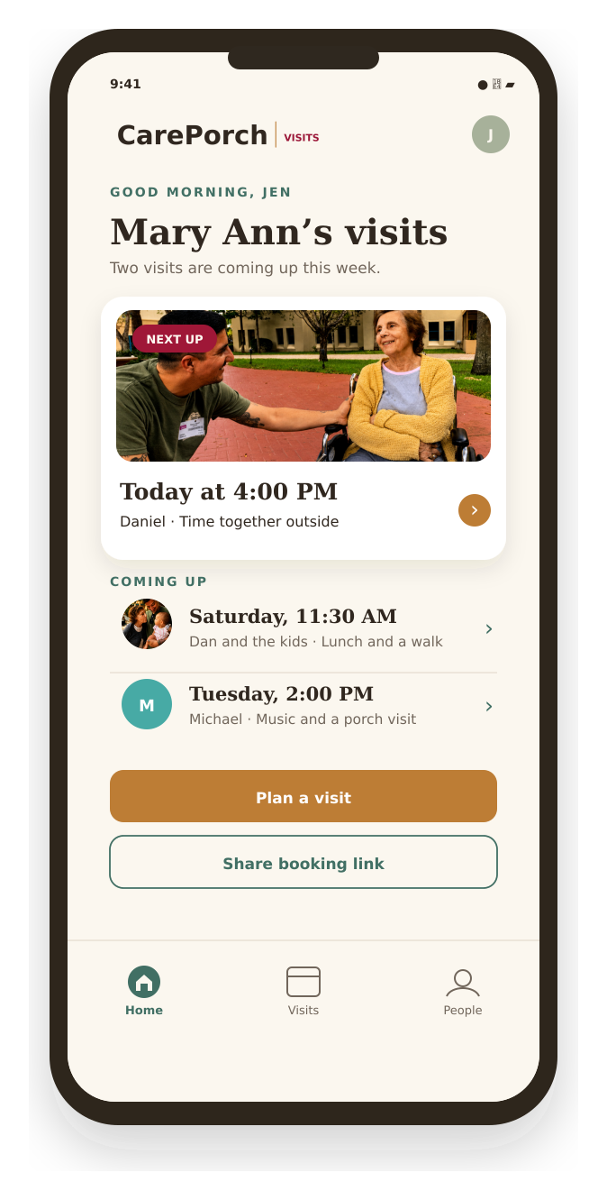 The CarePorch Visits home screen: Mary Ann&rsquo;s visits, with the next visit today at 4:00 PM and two more coming up this week.